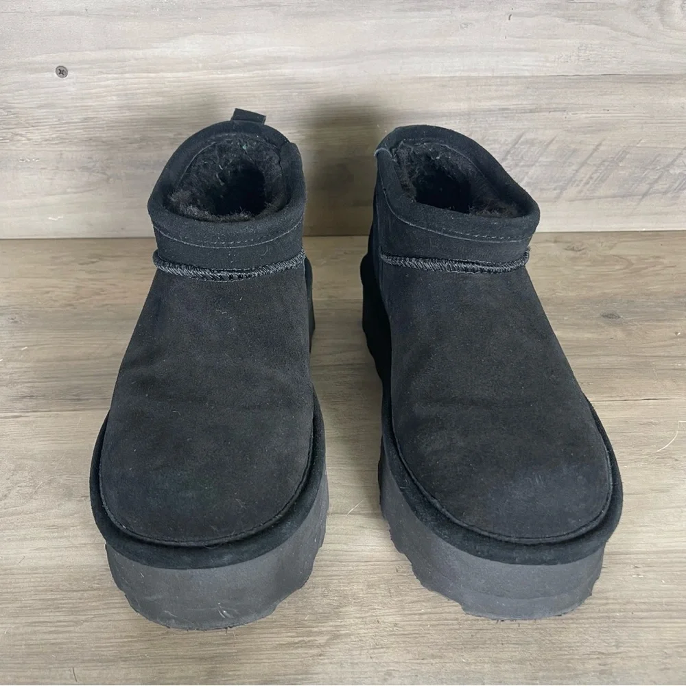 Bearpaw Womens‎ 9 Black Retro Platform Super Shorty Suede Pull On Fur Booties - Picture 4 of 13